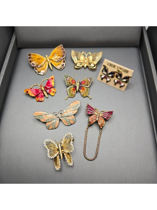 Unbranded Jewelry - Vintage Butterfly Brooch Lot of 8 Cloisonne Enamel Earrings Gold Tone Statement